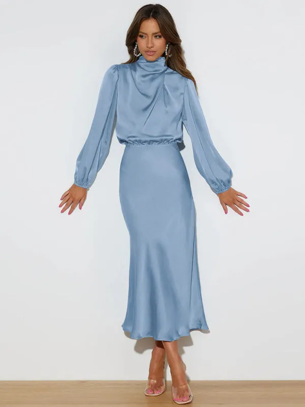 High Neck Satin Maxi Dress with Long Sleeves
