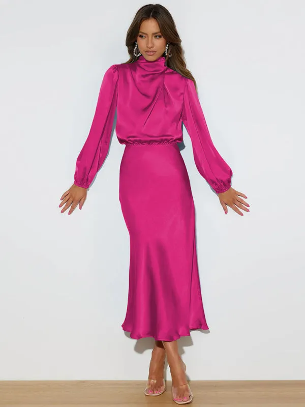 High Neck Satin Maxi Dress with Long Sleeves
