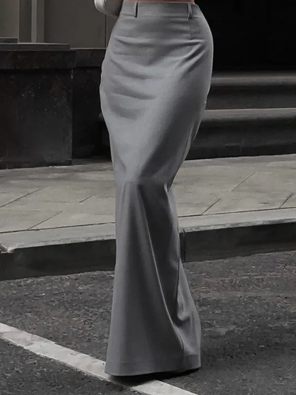 High Waisted Loose No Belt Solid Color Split-Back Split-Joint Zipper Skirts Bottoms