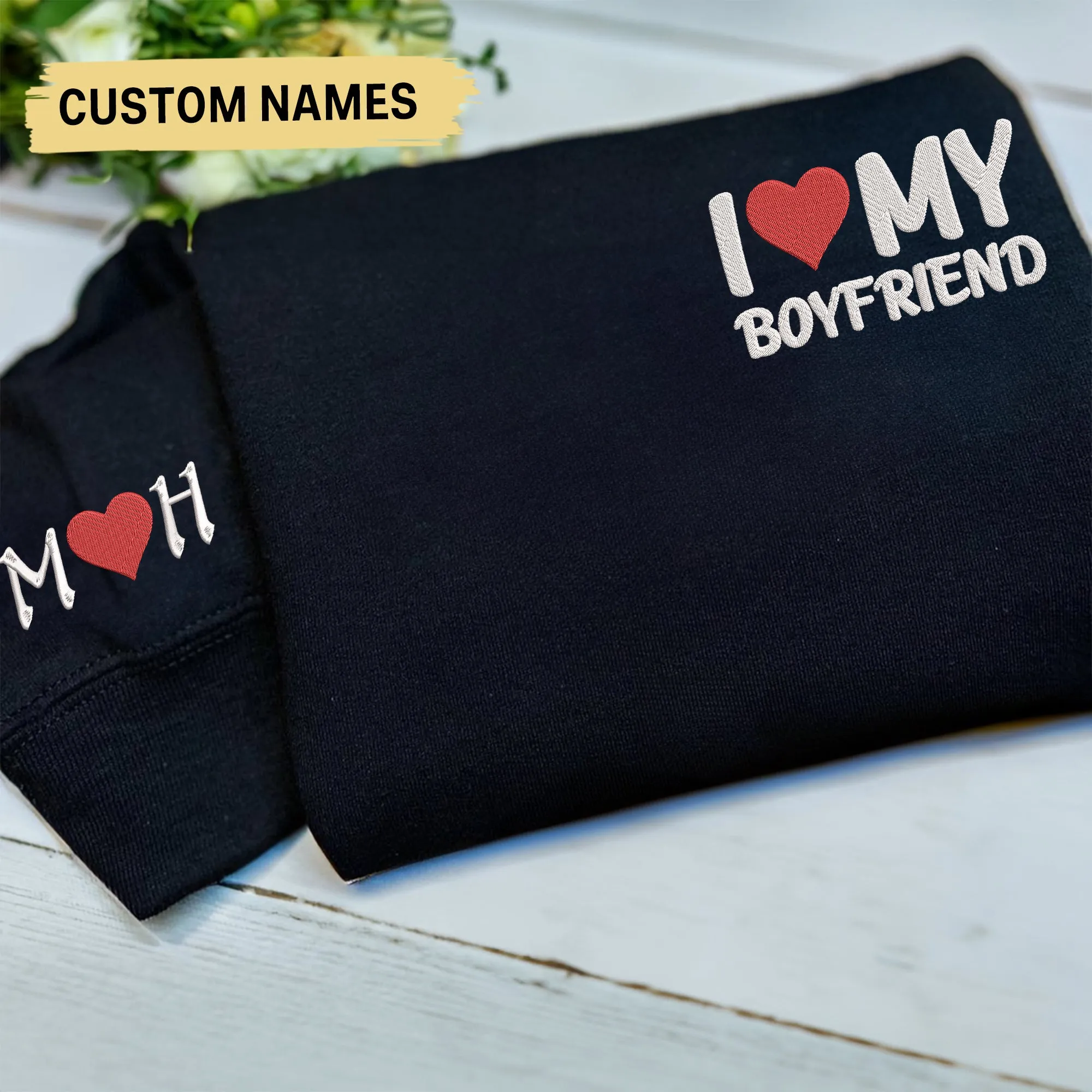 I Love My Boyfriend/Girlfriend Sweatshirt, Couple Embroidered Crewneck Initials on Sleeve, Couples Gifts Valentine Gift for Him For Her