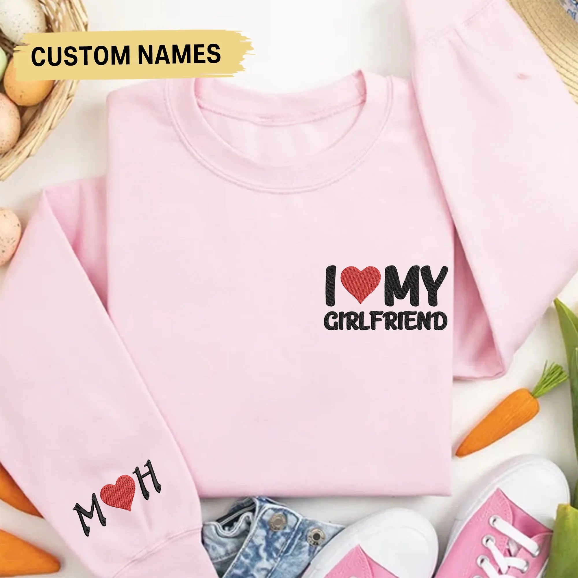 I Love My Boyfriend/Girlfriend Sweatshirt, Couple Embroidered Crewneck Initials on Sleeve, Couples Gifts Valentine Gift for Him For Her