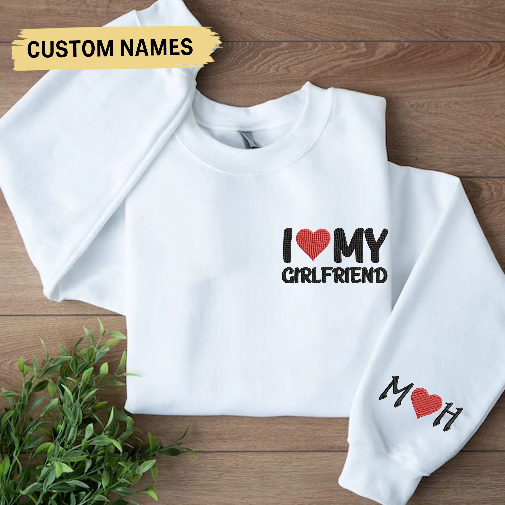 I Love My Boyfriend/Girlfriend Sweatshirt, Couple Embroidered Crewneck Initials on Sleeve, Couples Gifts Valentine Gift for Him For Her