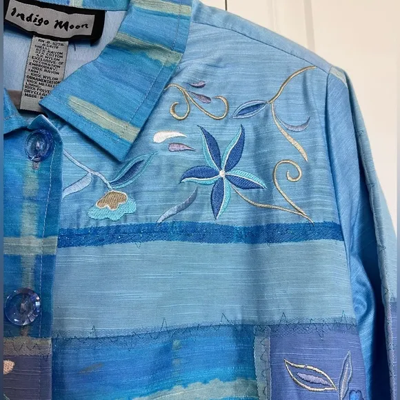 Indigo Moon light blue and light purple embroidered floral jacket
