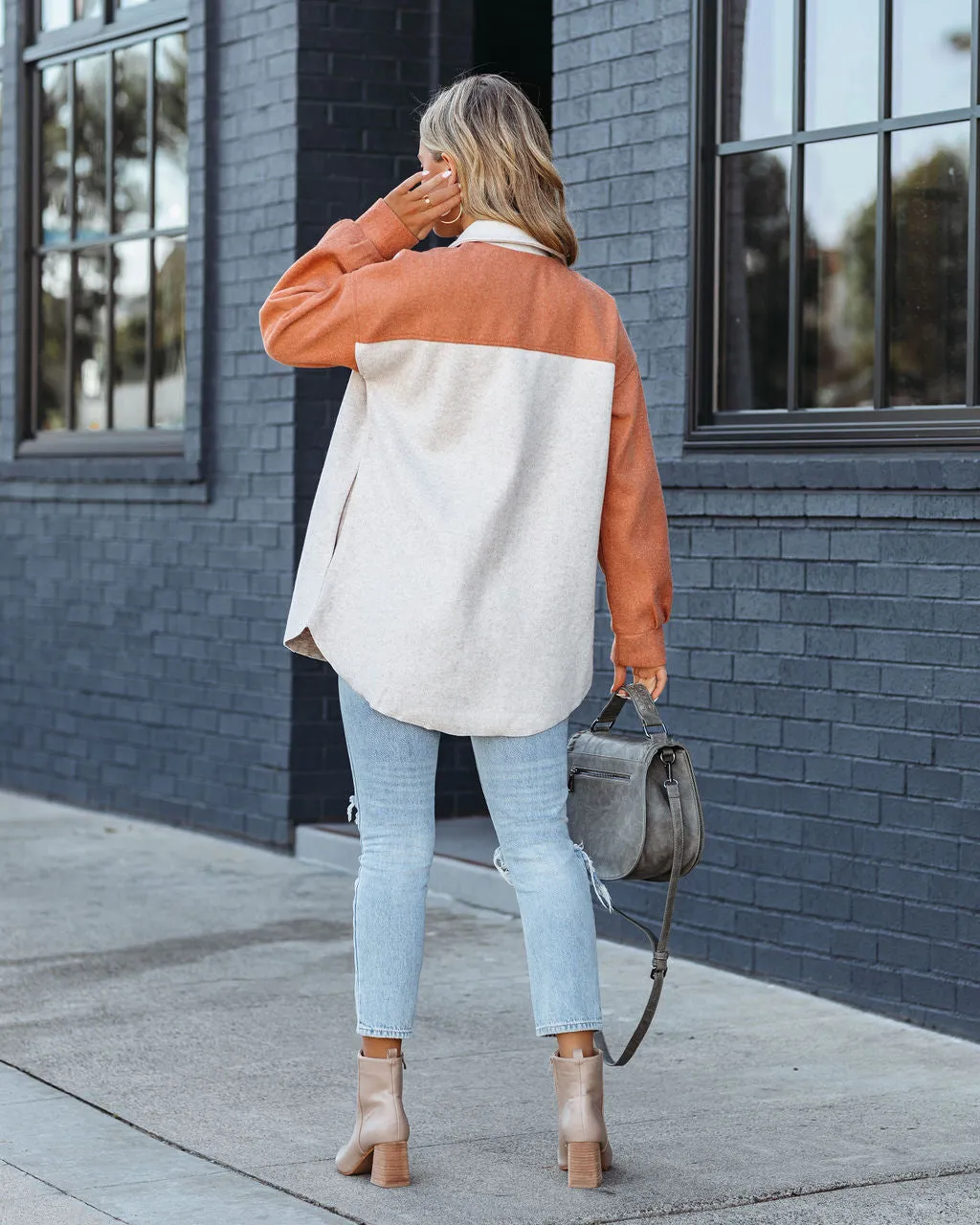 Jaison Pocketed Colorblock Shacket - Taupe Rust