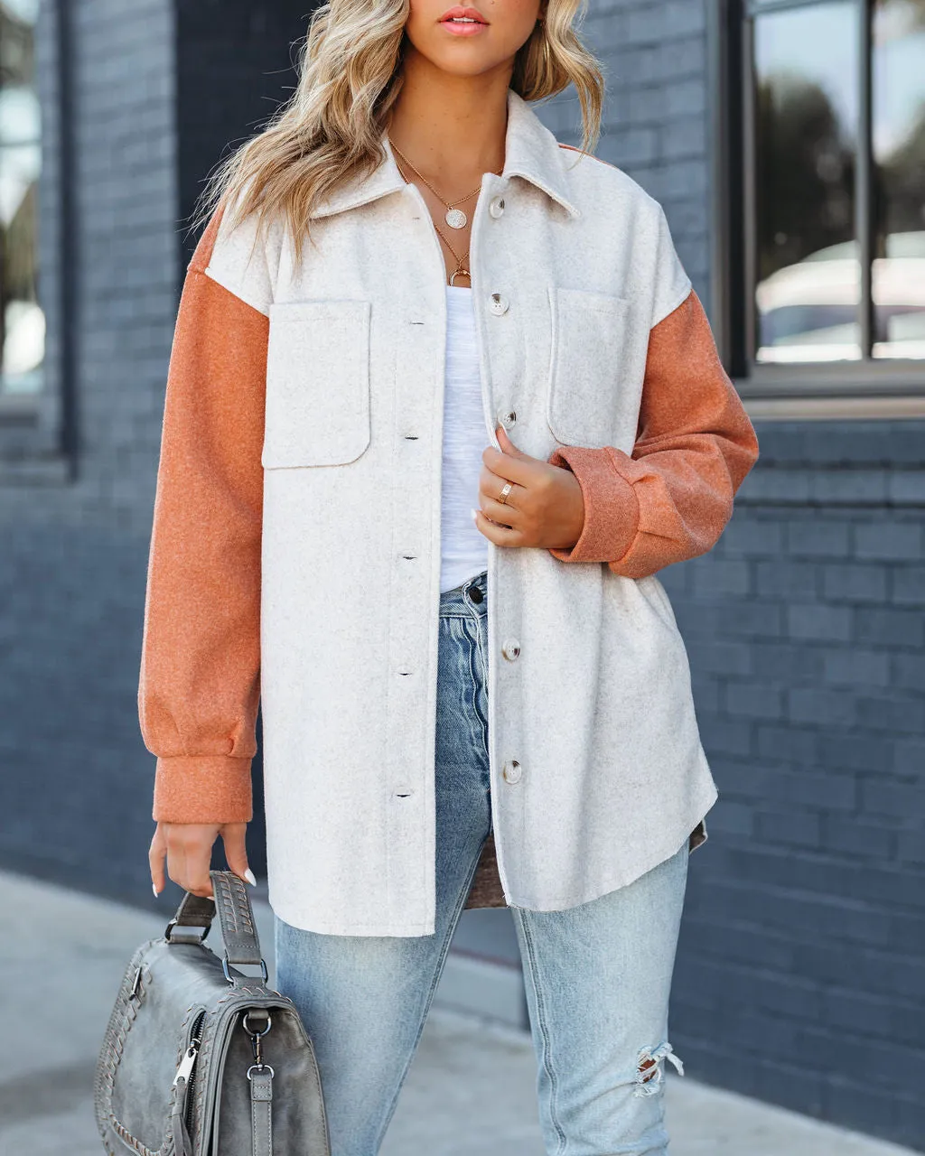 Jaison Pocketed Colorblock Shacket - Taupe Rust