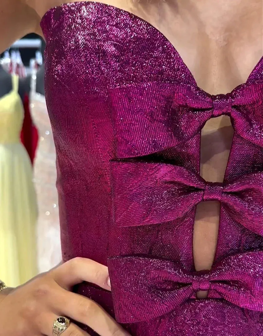 Jalise | Glitter Strapless Peacock Short Homecoming Dress with Bow