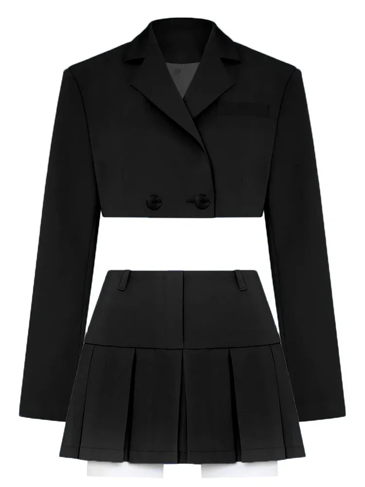 JazzHer 2024 Fall Fashion Black Blazer Sets 2024 Fashion Two Piece Cropped Blazer Jacket Coat And Mini Skirts Sets For Women Casual Suit Streetwear