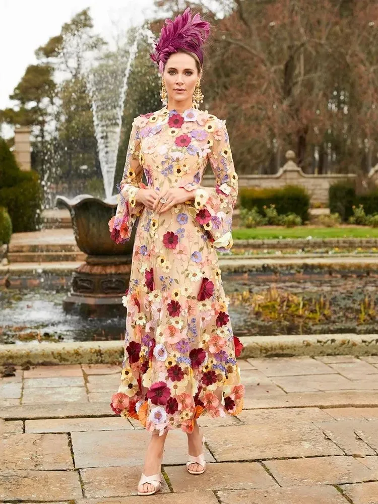 JazzHer 2025 Elegant High Neck 3D Printed Decal Formal Occasion Evening Dresses Long Sleeve Flower A-line Porm Dresses-(PRE-ORDER)