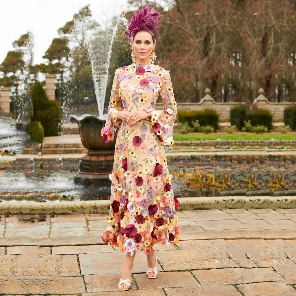 JazzHer 2025 Elegant High Neck 3D Printed Decal Formal Occasion Evening Dresses Long Sleeve Flower A-line Porm Dresses-(PRE-ORDER)