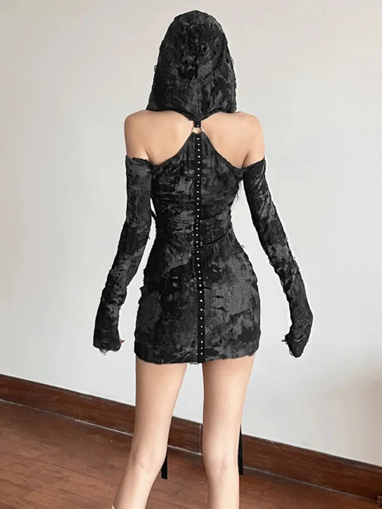 JazzHer Aesthetic Cyber Punk Dress Women Mall Goth Streetwear Harajuku Hole Hollow Out Eyelet Strap High Waist Bodycon Dresses