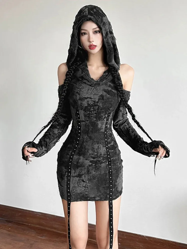 JazzHer Aesthetic Cyber Punk Dress Women Mall Goth Streetwear Harajuku Hole Hollow Out Eyelet Strap High Waist Bodycon Dresses