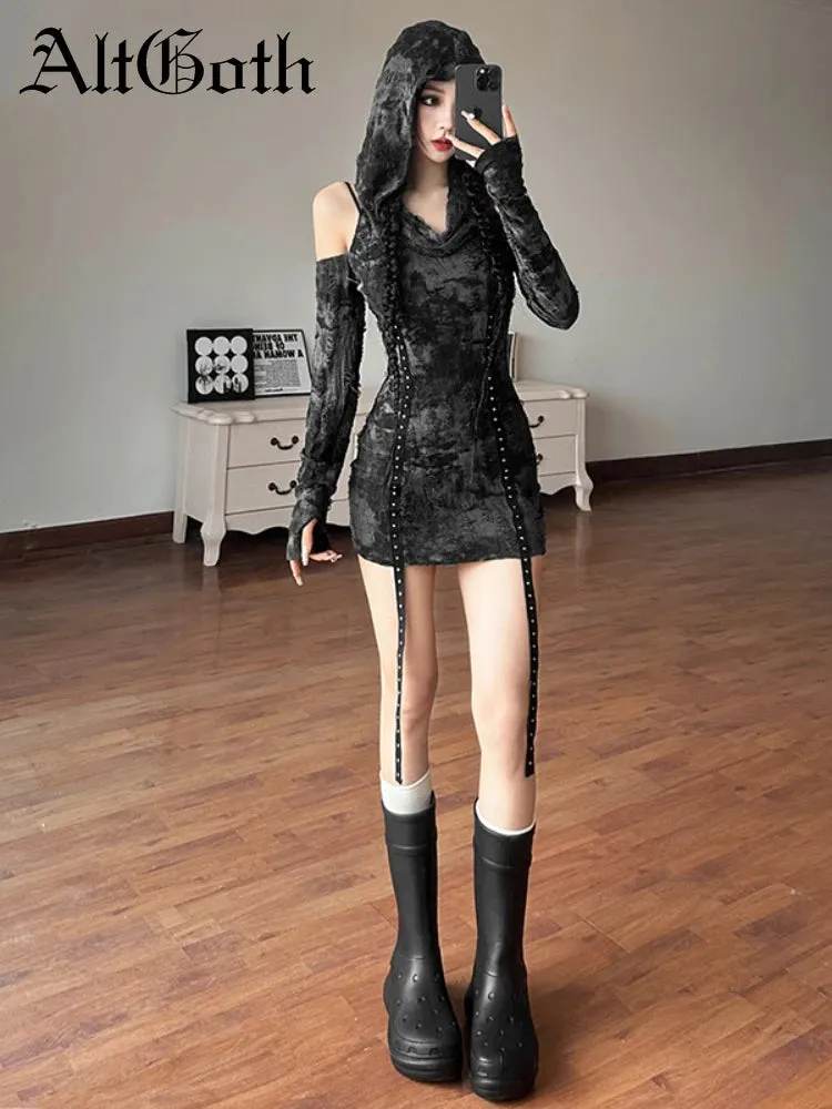 JazzHer Aesthetic Cyber Punk Dress Women Mall Goth Streetwear Harajuku Hole Hollow Out Eyelet Strap High Waist Bodycon Dresses