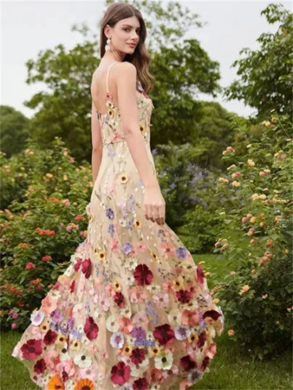 JazzHer Colorful 3D Flowers Lace Sleeveless Boho Wedding Dresses A-Line V-Neck Spaghetti Straps Country Bridal Gowns-(PRE-ORDER)