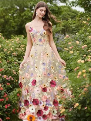 JazzHer Colorful 3D Flowers Lace Sleeveless Boho Wedding Dresses A-Line V-Neck Spaghetti Straps Country Bridal Gowns-(PRE-ORDER)