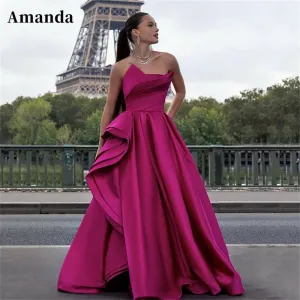 JazzHer Elegantly Side Crimping Floor Lenght فساتين سهره فاخره2025 Satin A-line Prom Dresses Nobility Strapless Vestidos De Noche-(PRE-ORDER)