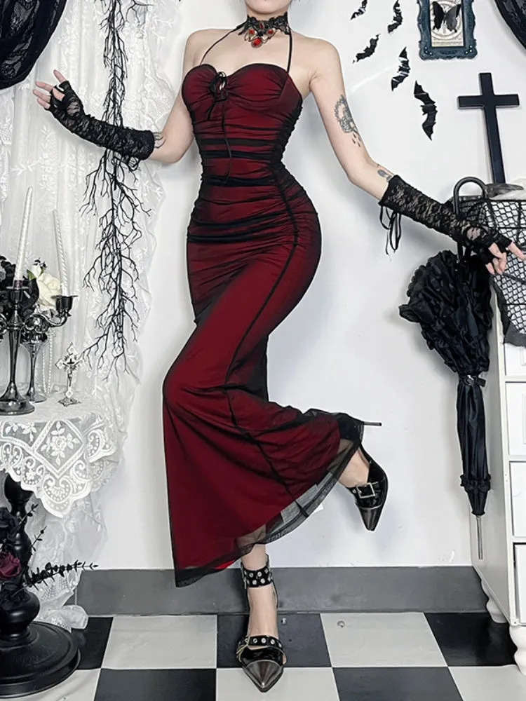 JazzHer Gothic Dark Red Dress Women Vintage Aesthetic Fairy Grunge Elegant Sexy Hollow Out Sleeveless Halter High Waist Dresses