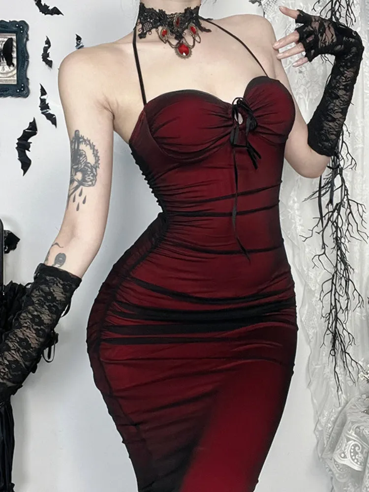 JazzHer Gothic Dark Red Dress Women Vintage Aesthetic Fairy Grunge Elegant Sexy Hollow Out Sleeveless Halter High Waist Dresses