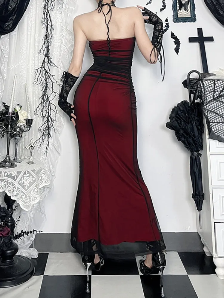JazzHer Gothic Dark Red Dress Women Vintage Aesthetic Fairy Grunge Elegant Sexy Hollow Out Sleeveless Halter High Waist Dresses