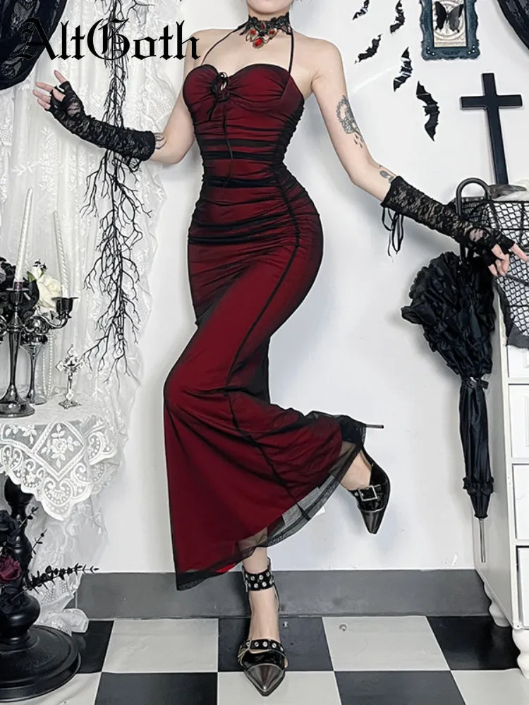 JazzHer Gothic Dark Red Dress Women Vintage Aesthetic Fairy Grunge Elegant Sexy Hollow Out Sleeveless Halter High Waist Dresses