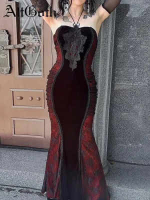 JazzHer Halloween Gothic Midi Dress Women Vintage Dark Elegant Fairycore Grunge Emobroidery Patchwork Halter Sleeveless Dresses