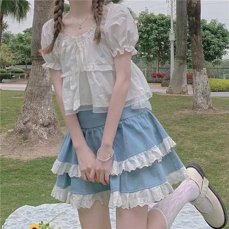 JazzHer Kawaii Lace Skirt Cute Hot Girl Clothing Summer Cake skirt Casual Loose Korea Blue 2000s Sweet Women Skirts Low-waist Y2k Skirts