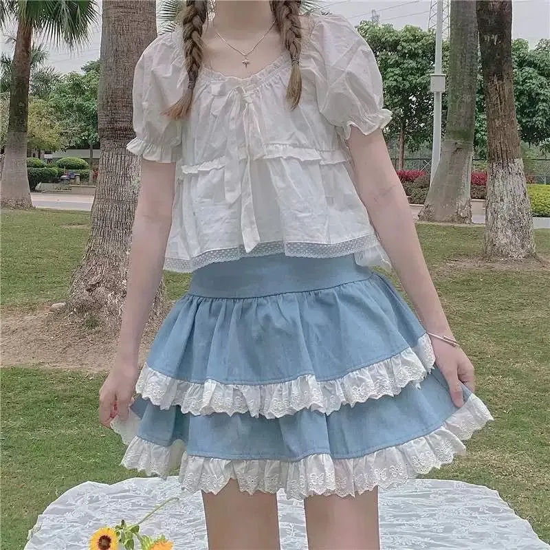 JazzHer Kawaii Lace Skirt Cute Hot Girl Clothing Summer Cake skirt Casual Loose Korea Blue 2000s Sweet Women Skirts Low-waist Y2k Skirts