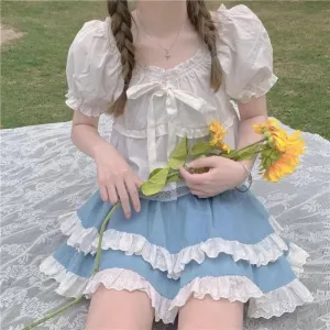 JazzHer Kawaii Lace Skirt Cute Hot Girl Clothing Summer Cake skirt Casual Loose Korea Blue 2000s Sweet Women Skirts Low-waist Y2k Skirts