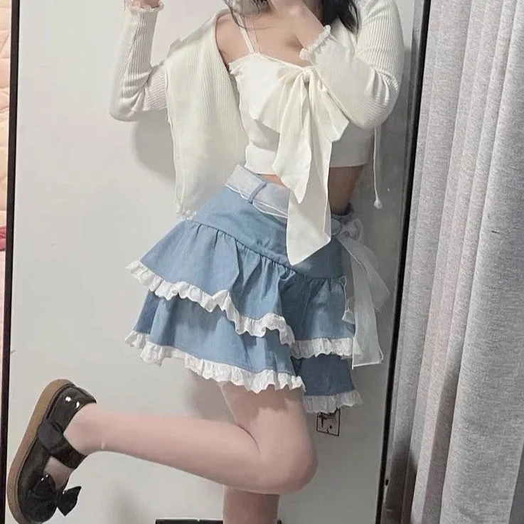 JazzHer Kawaii Lace Skirt Cute Hot Girl Clothing Summer Cake skirt Casual Loose Korea Blue 2000s Sweet Women Skirts Low-waist Y2k Skirts