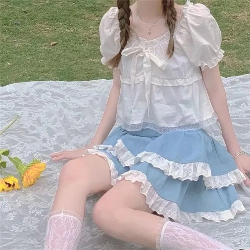 JazzHer Kawaii Lace Skirt Cute Hot Girl Clothing Summer Cake skirt Casual Loose Korea Blue 2000s Sweet Women Skirts Low-waist Y2k Skirts
