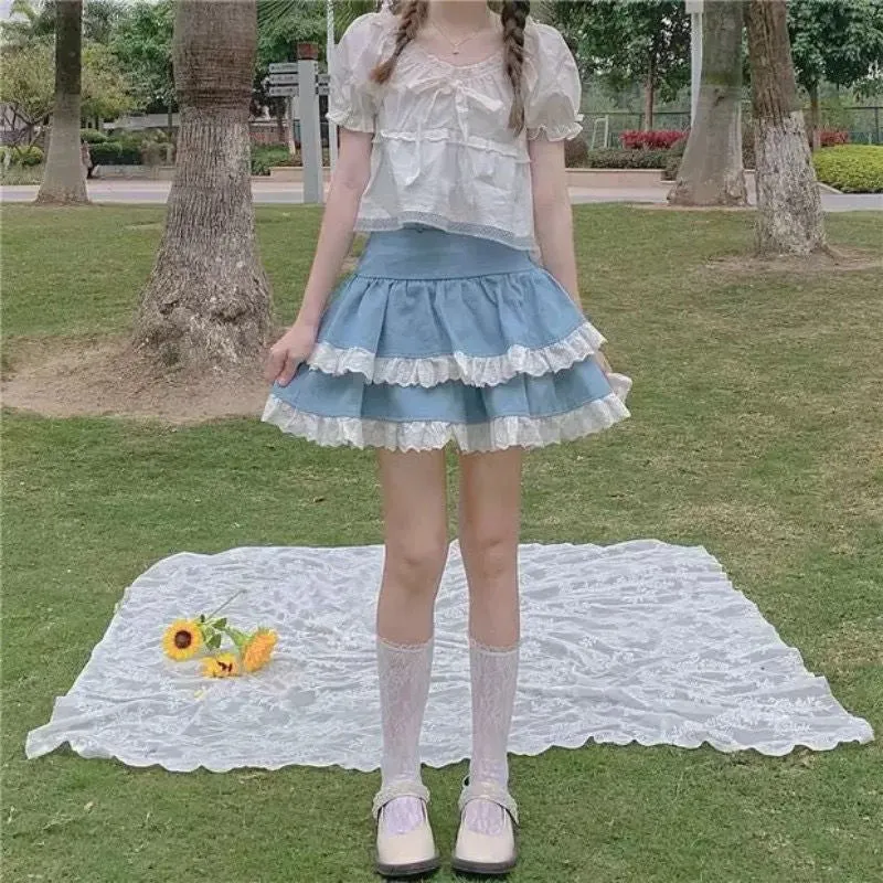 JazzHer Kawaii Lace Skirt Cute Hot Girl Clothing Summer Cake skirt Casual Loose Korea Blue 2000s Sweet Women Skirts Low-waist Y2k Skirts