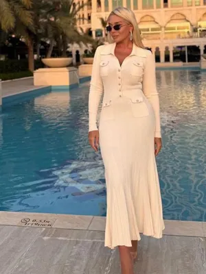 JazzHer Knit Ribbed Mermaid Dress Women Turn-down Collar Button Full Sleeve Female Long Dresses 2025 Spring Slim Hip Package Lady Robes
