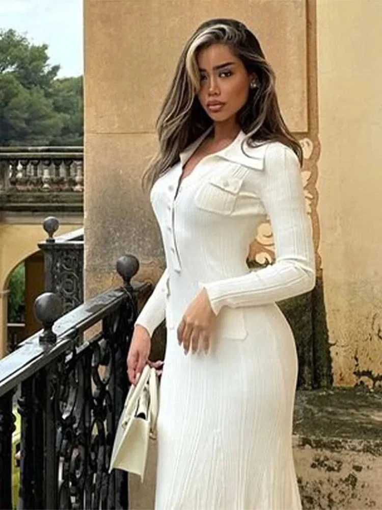 JazzHer Knit Ribbed Mermaid Dress Women Turn-down Collar Button Full Sleeve Female Long Dresses 2025 Spring Slim Hip Package Lady Robes