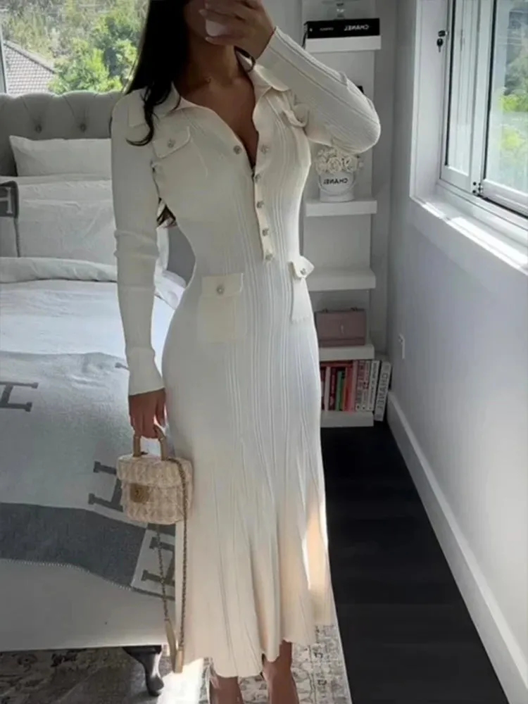 JazzHer Knit Ribbed Mermaid Dress Women Turn-down Collar Button Full Sleeve Female Long Dresses 2025 Spring Slim Hip Package Lady Robes