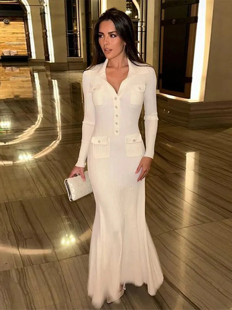JazzHer Knit Ribbed Mermaid Dress Women Turn-down Collar Button Full Sleeve Female Long Dresses 2025 Spring Slim Hip Package Lady Robes