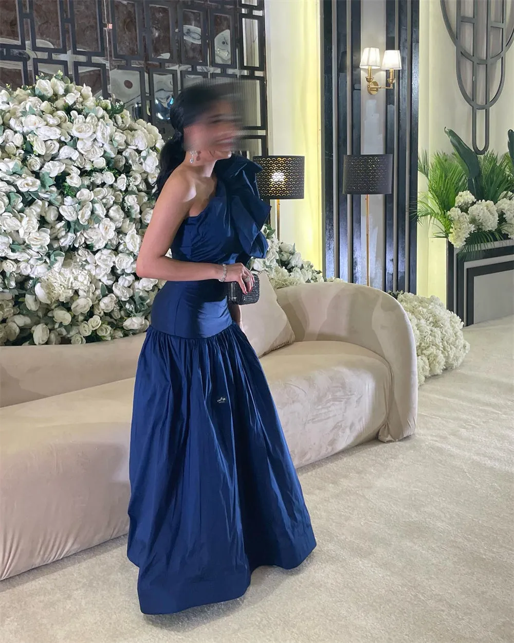 JazzHer Taffeta One the Shoulder Floral robes de soirée A-Line Draped Floor-Length Evening Dresses Formal Evening Wedding Dress-(PRE-ORDER)
