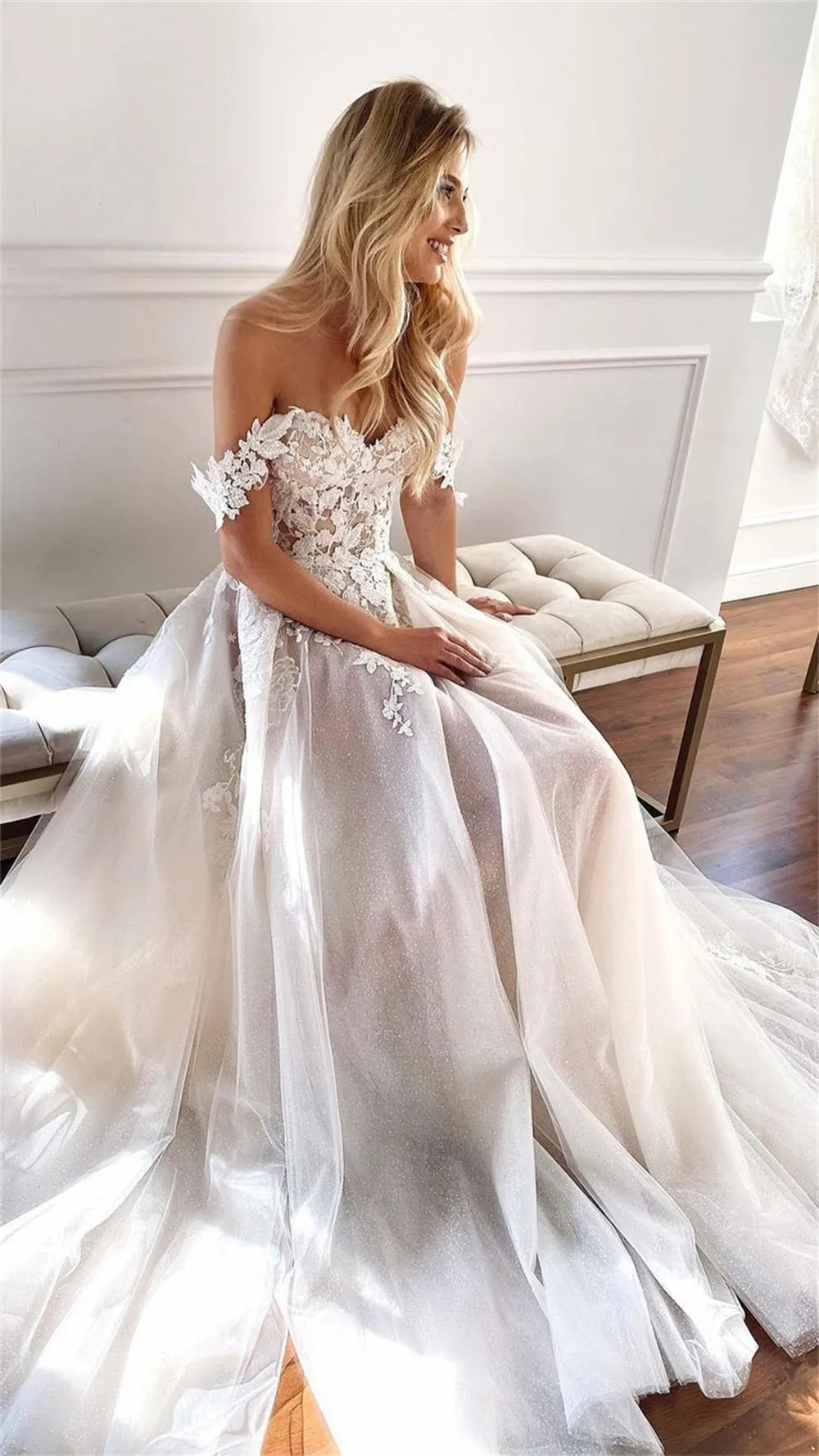 JazzHer White Lace Embroidery vestidos de noche Off the Shoulder Prom Dresses Sweep Train Sleeveless Tulle Formal Evening 2025-(PRE-ORDER)