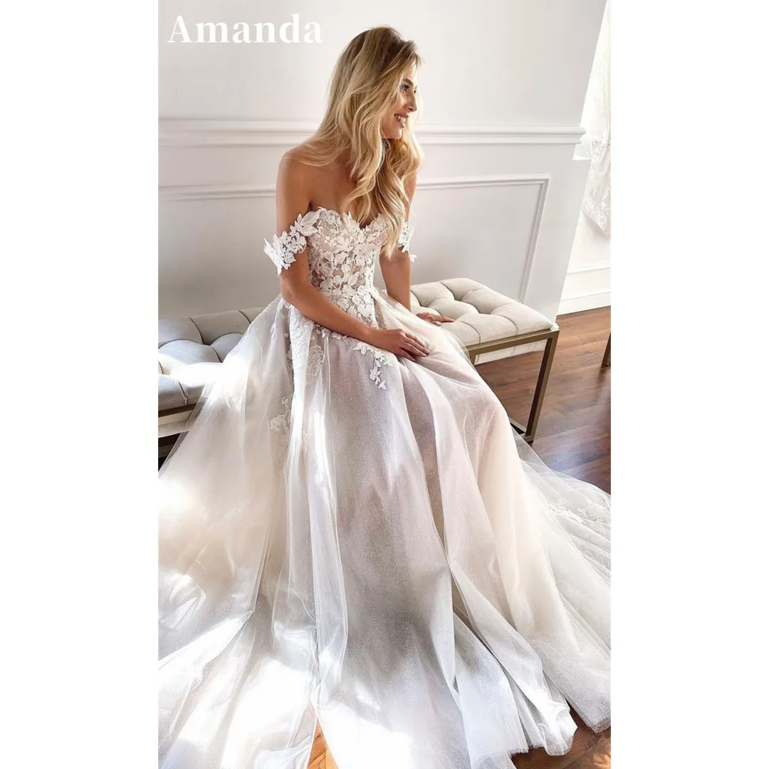 JazzHer White Lace Embroidery vestidos de noche Off the Shoulder Prom Dresses Sweep Train Sleeveless Tulle Formal Evening 2025-(PRE-ORDER)