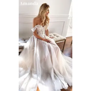 JazzHer White Lace Embroidery vestidos de noche Off the Shoulder Prom Dresses Sweep Train Sleeveless Tulle Formal Evening 2025-(PRE-ORDER)