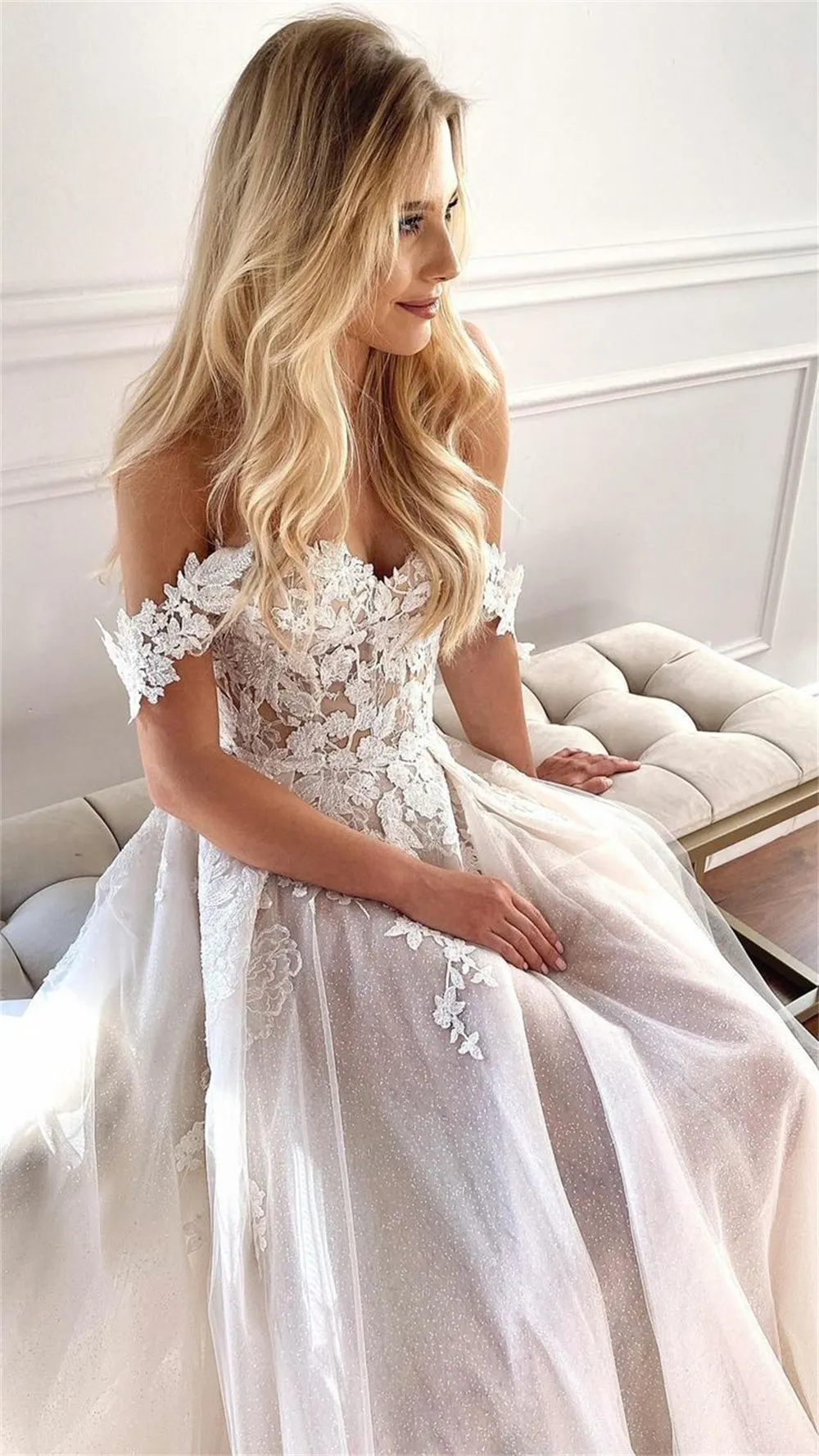 JazzHer White Lace Embroidery vestidos de noche Off the Shoulder Prom Dresses Sweep Train Sleeveless Tulle Formal Evening 2025-(PRE-ORDER)