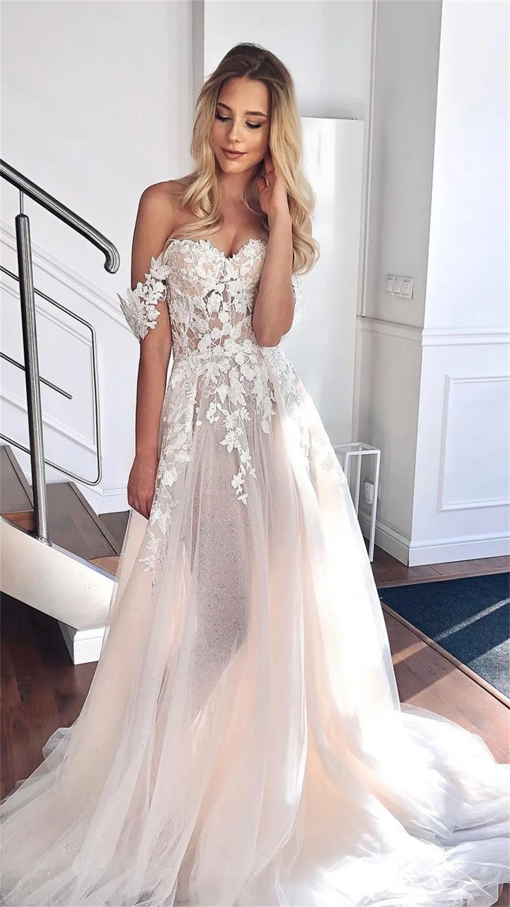 JazzHer White Lace Embroidery vestidos de noche Off the Shoulder Prom Dresses Sweep Train Sleeveless Tulle Formal Evening 2025-(PRE-ORDER)