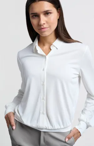 Jersey blouse top with balloon sleeves and button closure