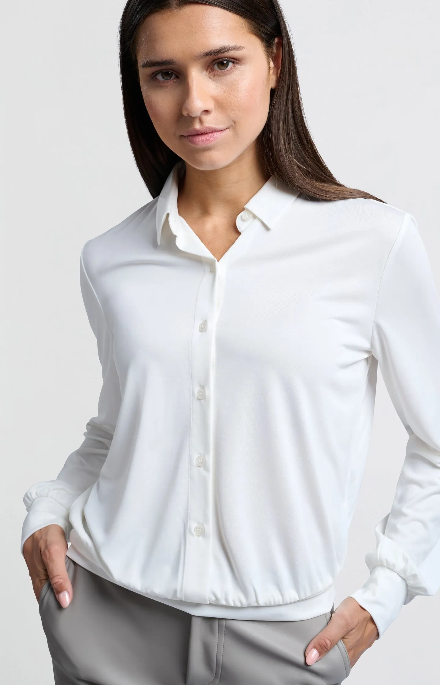 Jersey blouse top with balloon sleeves and button closure
