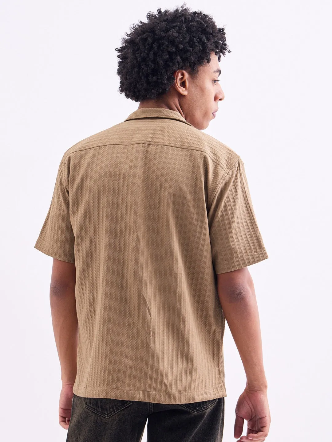 Khaki Striped Textured Resort Shirt