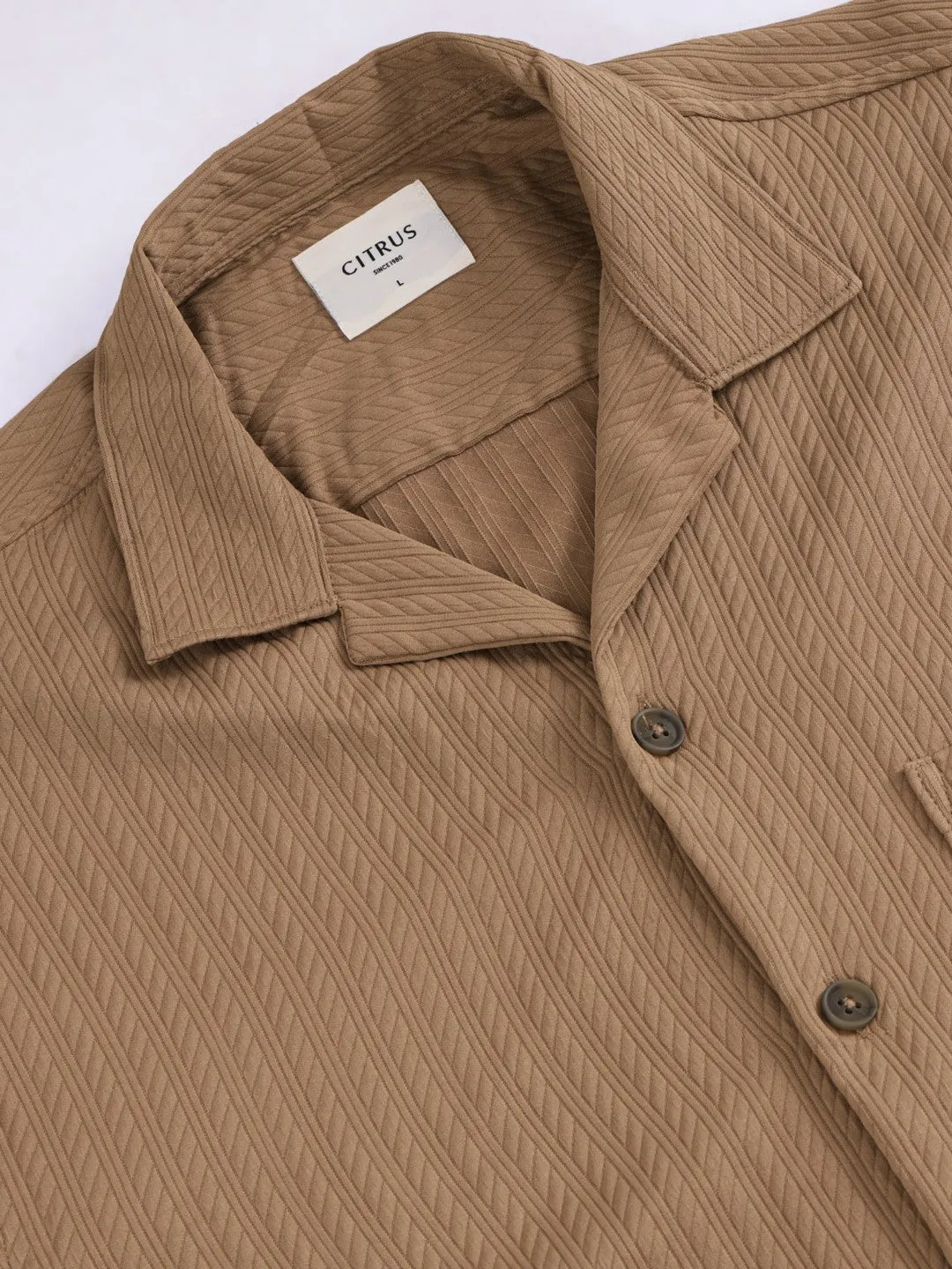 Khaki Striped Textured Resort Shirt