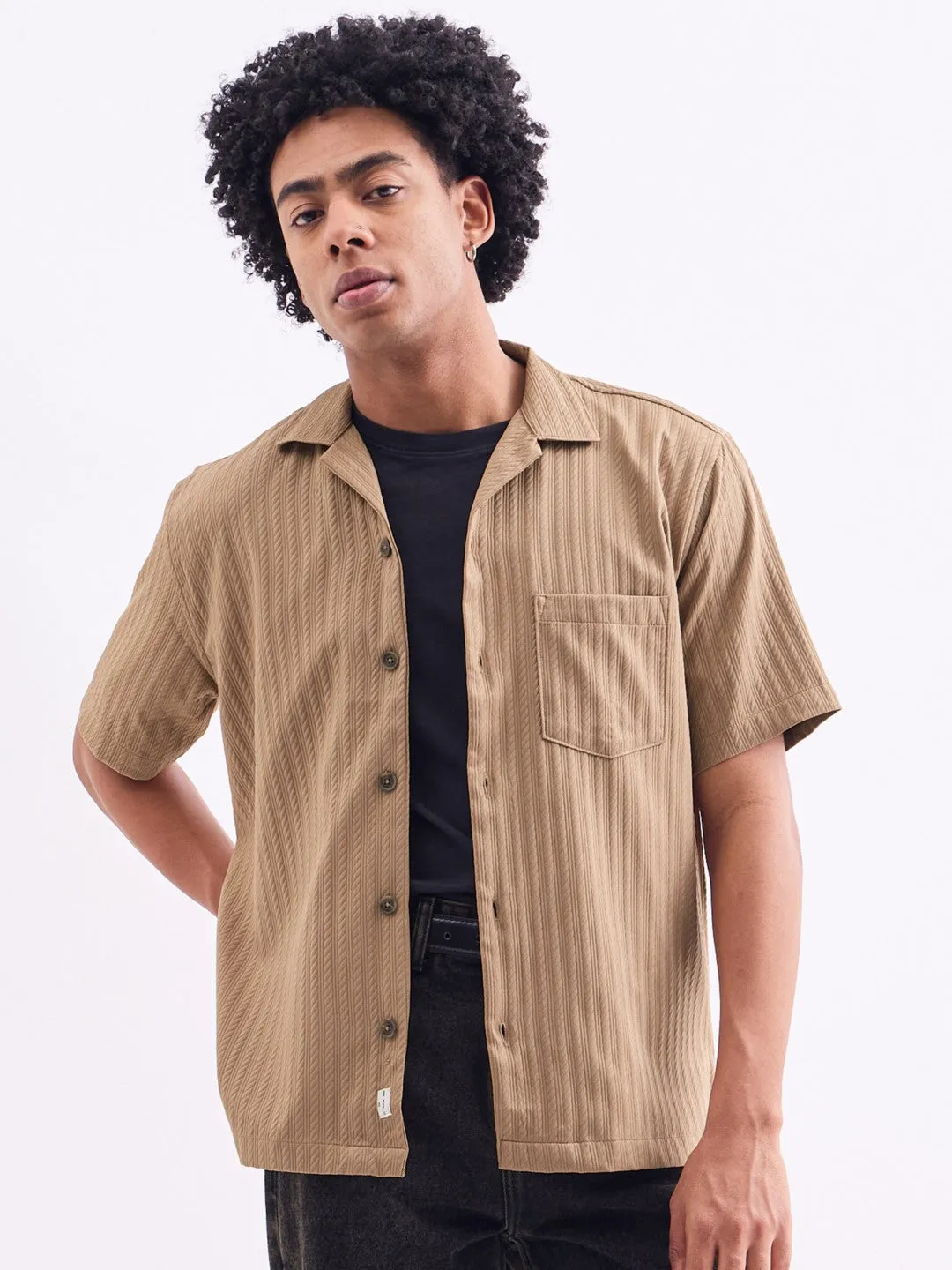 Khaki Striped Textured Resort Shirt