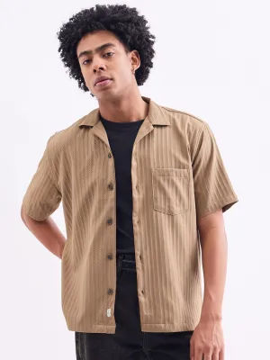 Khaki Striped Textured Resort Shirt