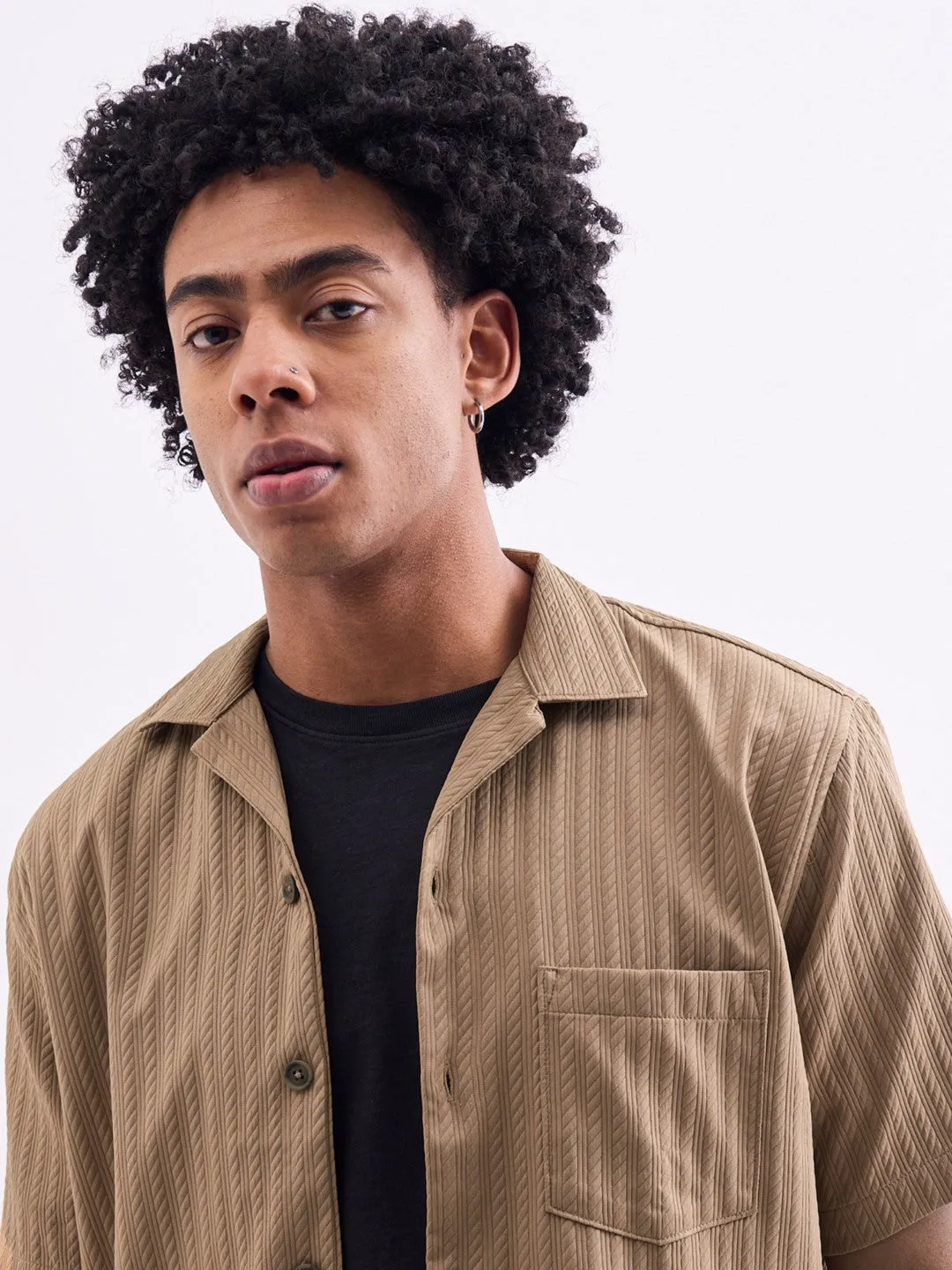 Khaki Striped Textured Resort Shirt