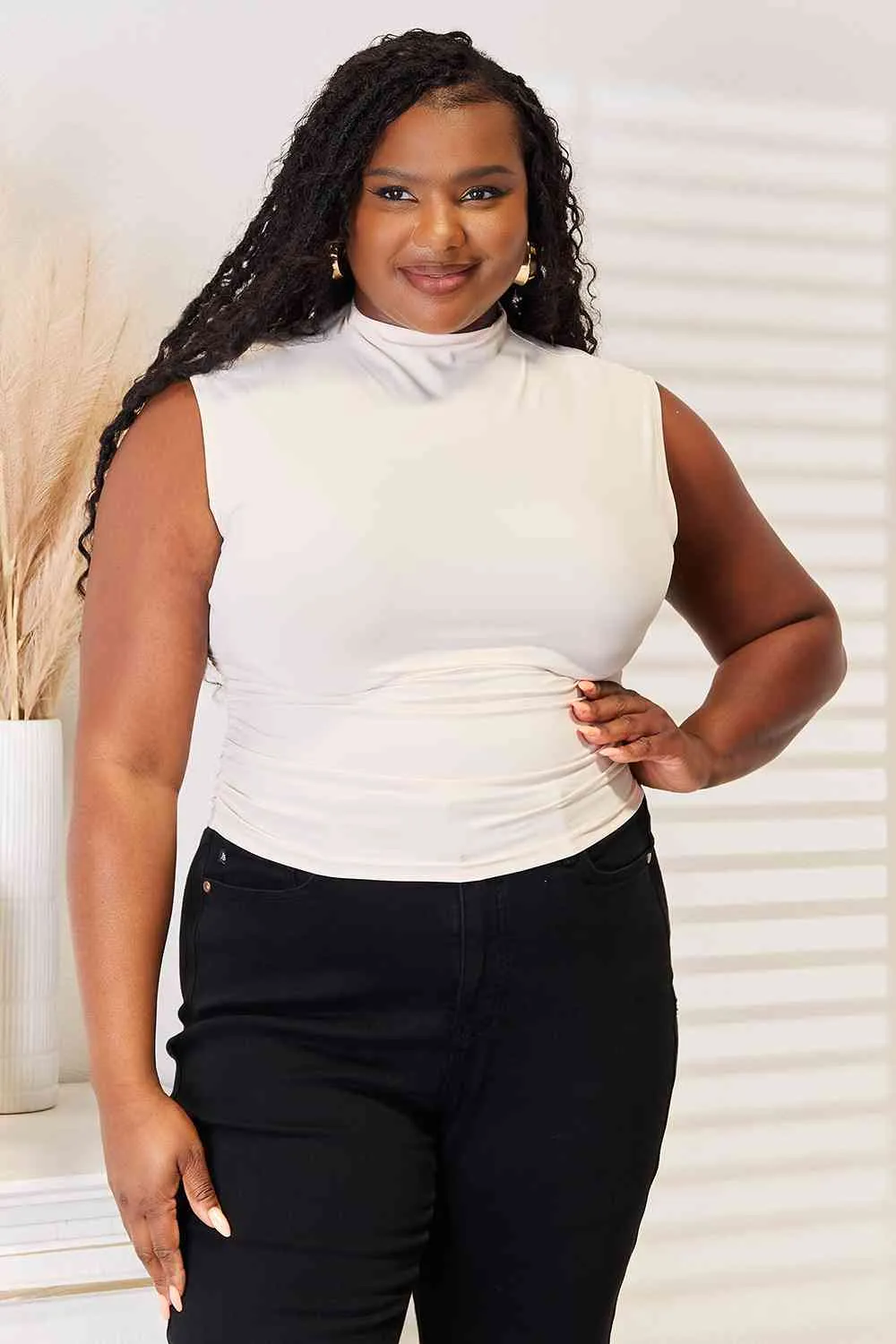 Kirsten Basic Bae Mock Neck Ruched Cropped Tank