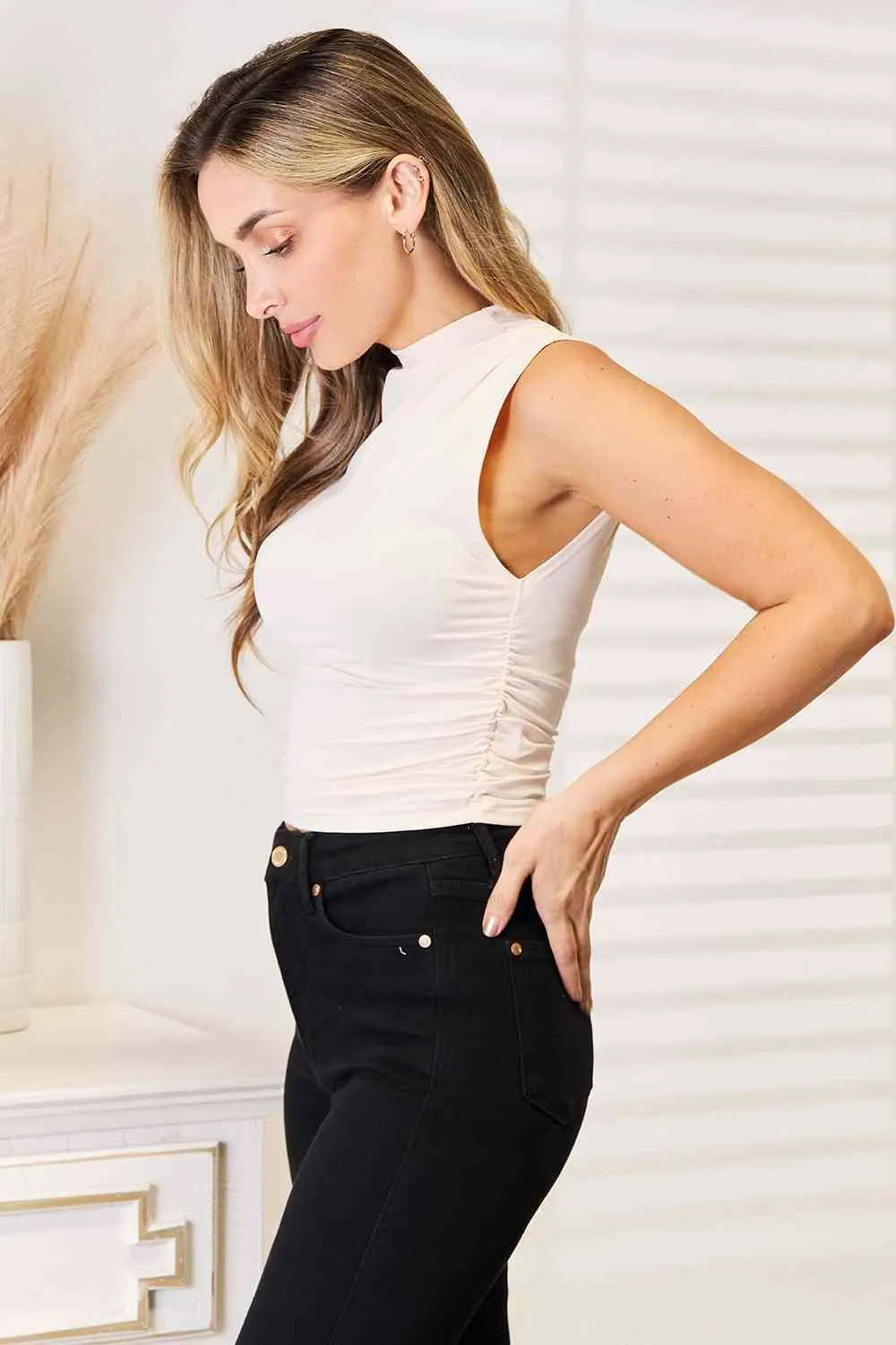 Kirsten Basic Bae Mock Neck Ruched Cropped Tank