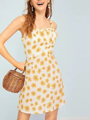 Lace-Up Daisy Print Sling Dress